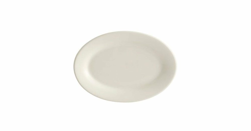 China Platters And Trays |  10 3/8" X 7 1/8" Bright White Wide Rim Rolled Edge Oval Stoneware Platter – 24/Case