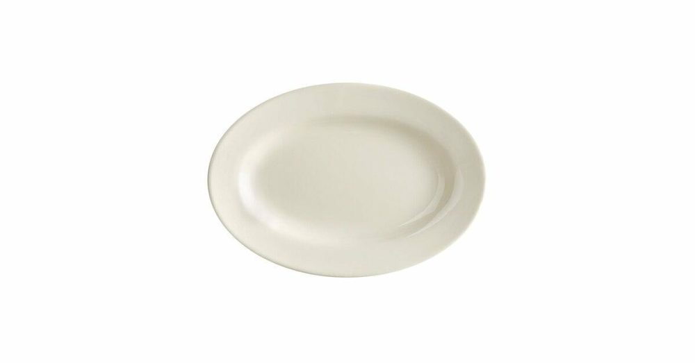 China Platters And Trays |  10 3/8" X 7 1/8" Ivory (American White) Wide Rim Rolled Edge Oval Stoneware Platter – 24/Case