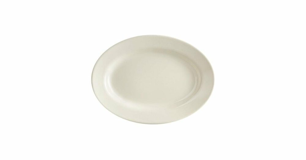 China Platters And Trays |  11 1/8" X 7 3/4" Ivory (American White) Wide Rim Rolled Edge Oval Stoneware Platter – 12/Case