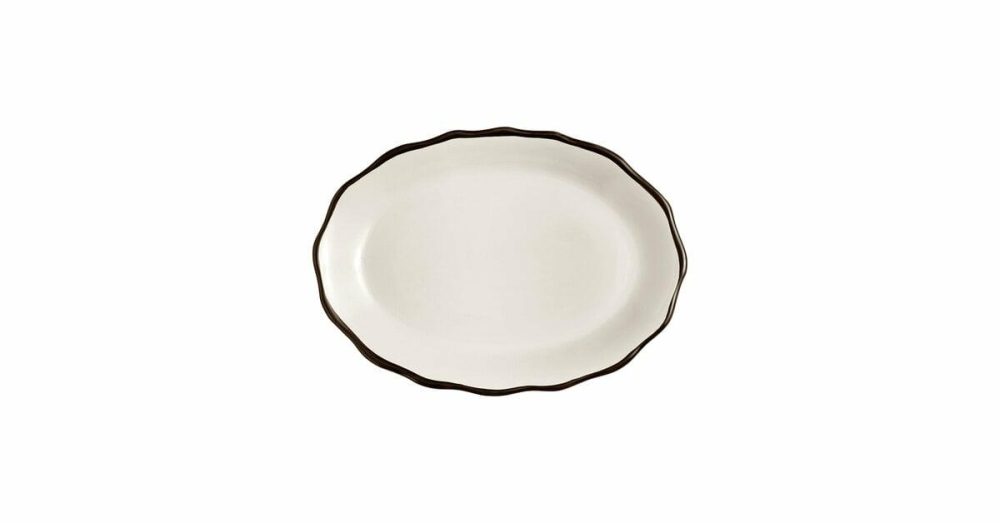 China Platters And Trays |  11 5/8" X 8 1/2" Ivory (American White) Scalloped Edge Stoneware Platter With Black Band – 12/Case