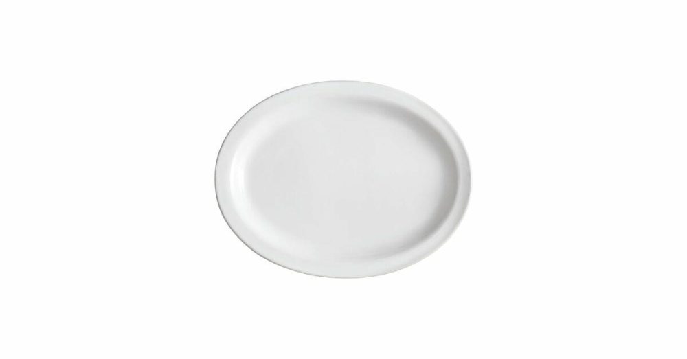 China Platters And Trays |  11" X 8 1/2" Bright White Narrow Rim Oval Stoneware Platter – 12/Case