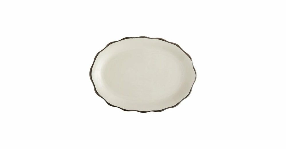 China Platters And Trays |  12 5/8" X 9 1/4" Ivory (American White) Scalloped Edge Stoneware Platter With Black Band – 12/Case