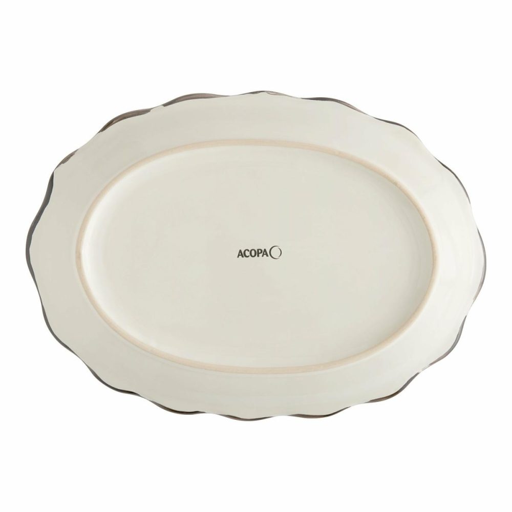 China Platters And Trays |  12 5/8" X 9 1/4" Ivory (American White) Scalloped Edge Stoneware Platter With Black Band – 12/Case