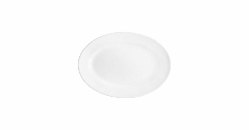 China Platters And Trays |  16" X 11 1/4" Bright White Wide Rim Rolled Edge Oval Stoneware Platter – 6/Case