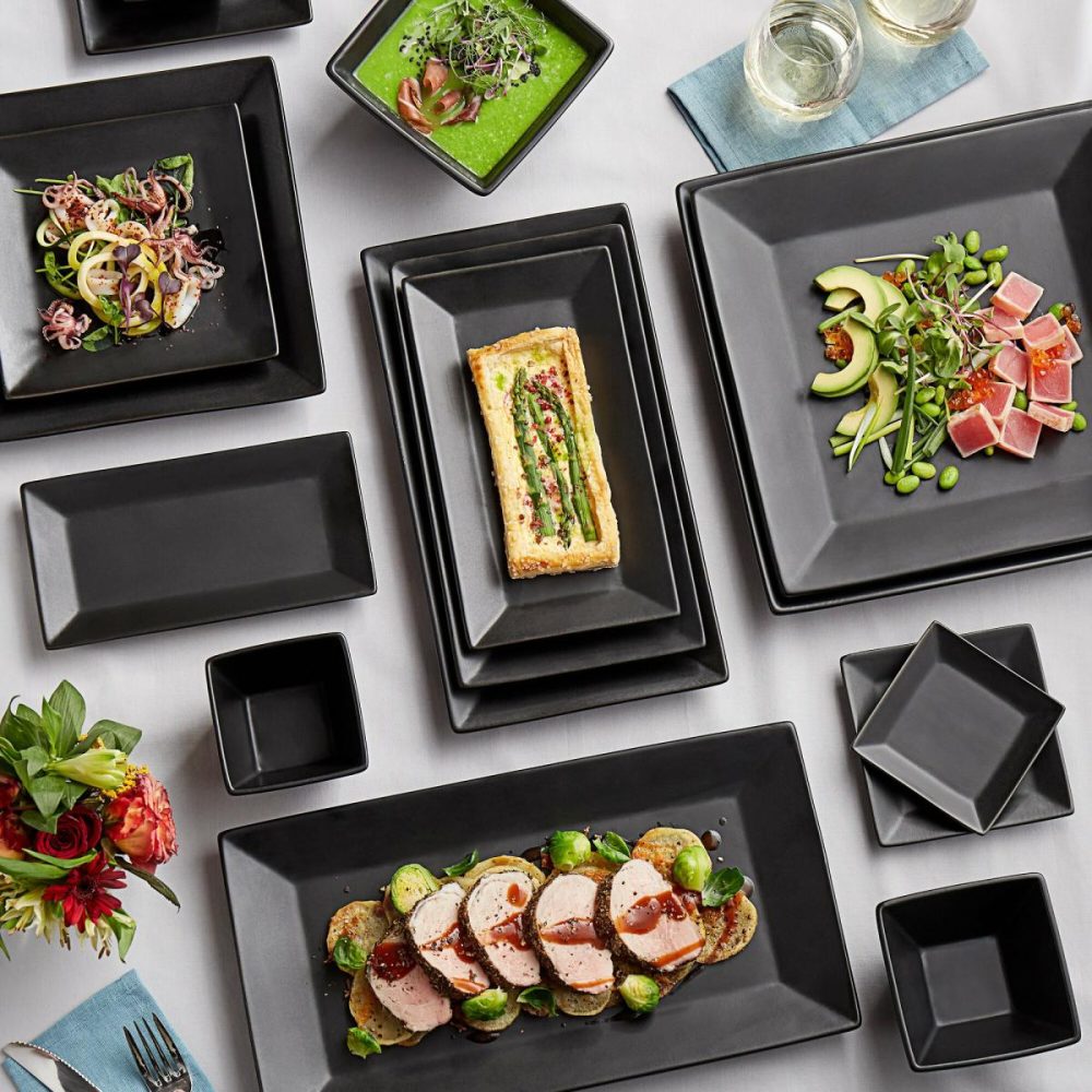 China Platters And Trays |  8 1/2" X 4 1/2" Glossy Black Rectangular Stoneware Platter – 12/Case