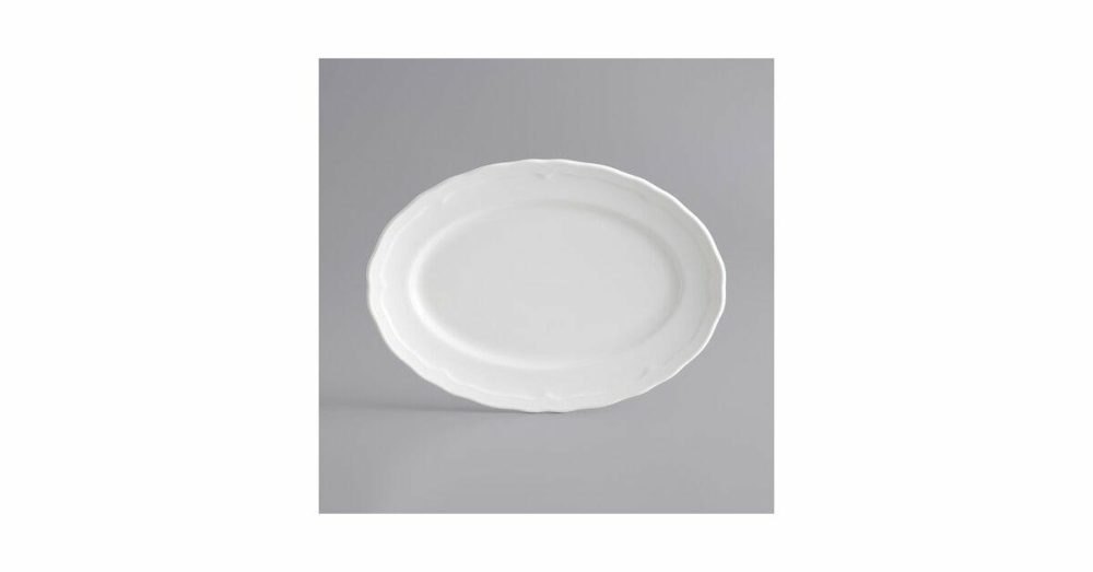 China Platters And Trays |  Condesa 11 1/2" X 8 1/4" Pearl White Scalloped Wide Rim Porcelain Platter – 12/Case