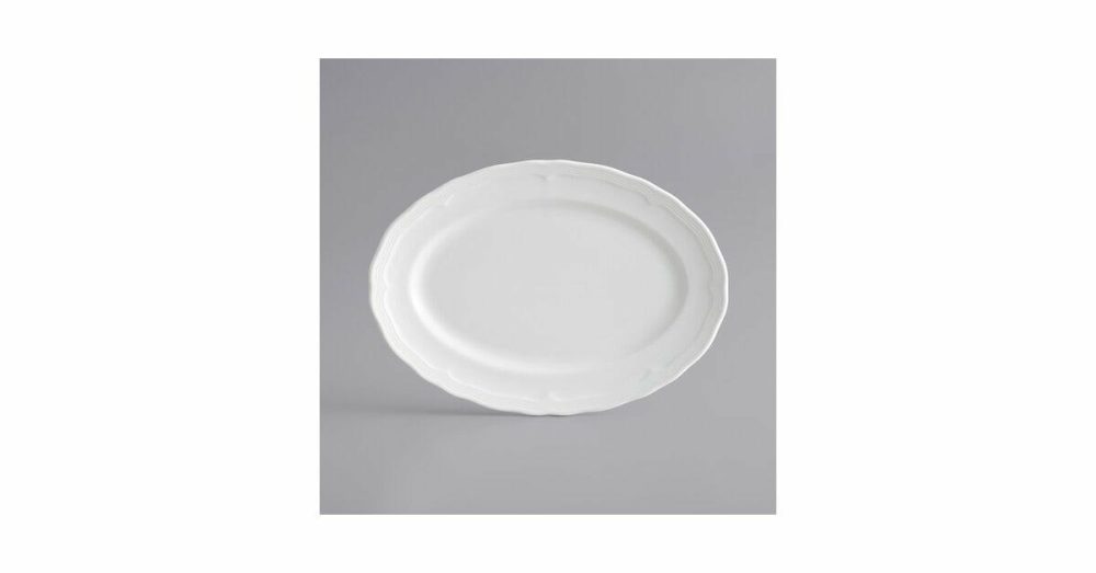 China Platters And Trays |  Condesa 9 3/4" X 7" Pearl White Scalloped Wide Rim Porcelain Platter – 24/Case