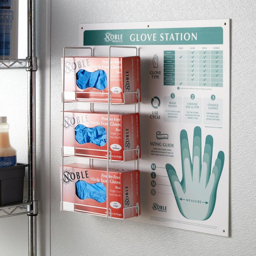 Disposable Glove Dispensers |  3-Box Wire Wall Mount Glove Dispenser Station With Type, Use, And Guide Chart