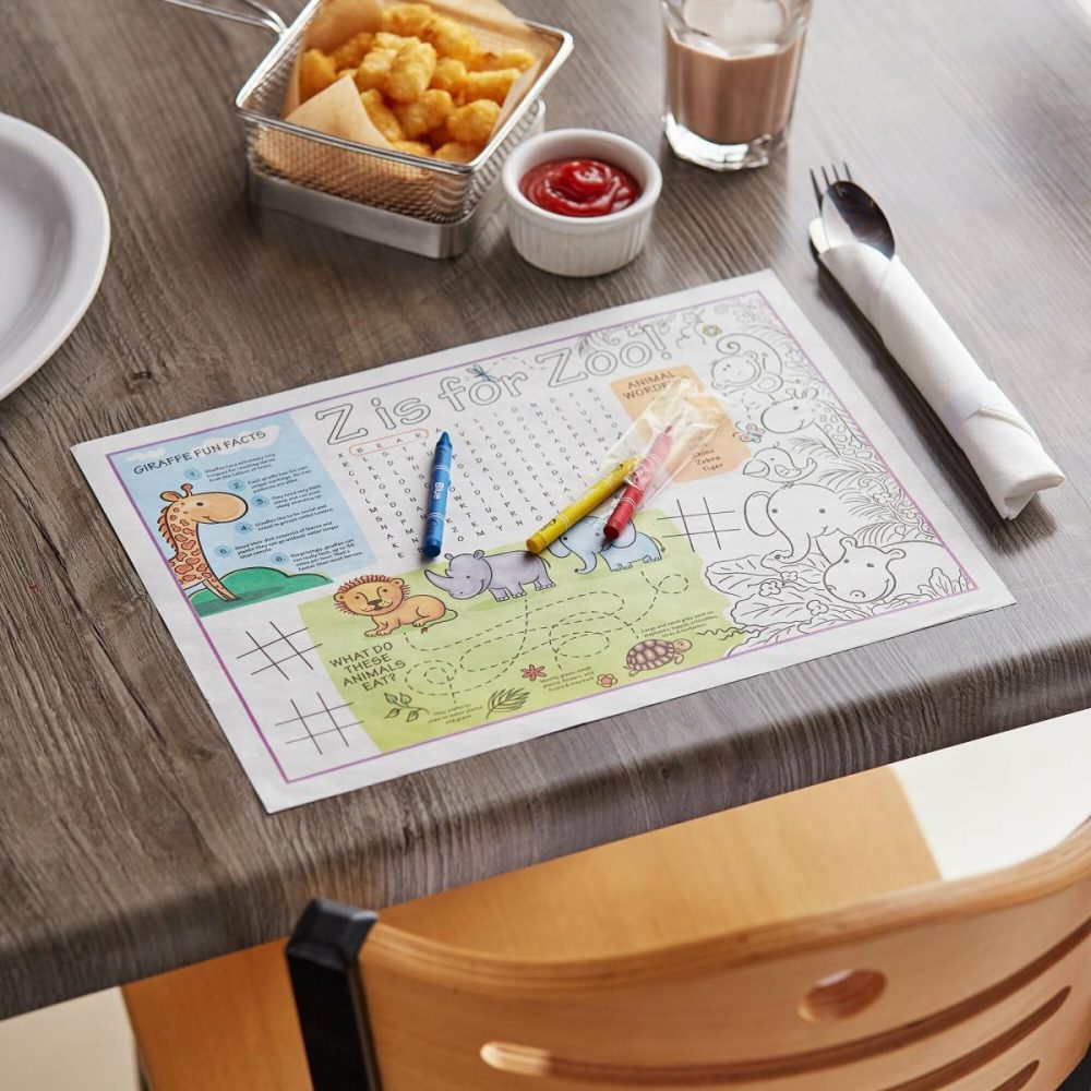 Disposable Placemats |  10" X 14" Kids Dinosaur Double Sided Interactive Placemat With 3 Pack Triangular Kids" Restaurant Crayons – 1000/Case