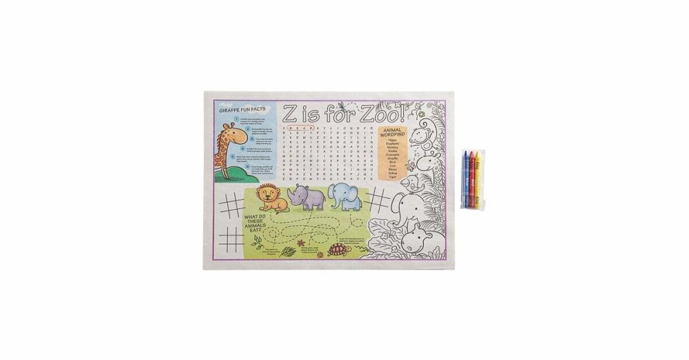 Disposable Placemats |  10" X 14" Kids Dinosaur Double Sided Interactive Placemat With 4 Pack Kids" Restaurant Crayons In Cello Wrap – 1000/Case