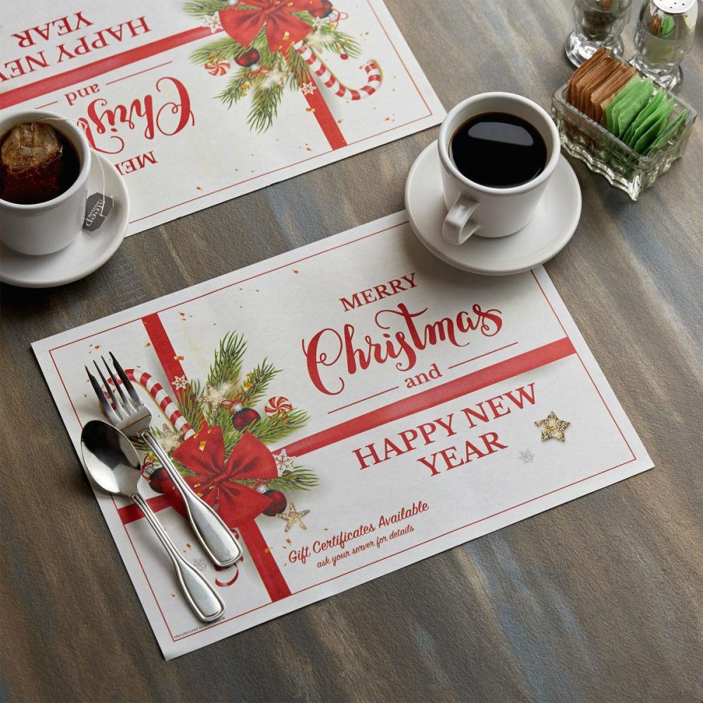 Disposable Placemats |  311143 10" X 14" Holiday Ornaments Gift Certificate Placemat – 1000/Case