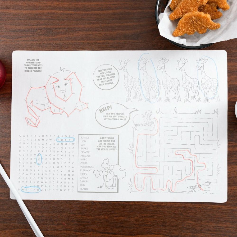 Disposable Placemats |  Hoffmaster Doodletown Fun Double-Sided Interactive Placemat With Choice 3 Pack Kids Restaurant Crayons – 1/Set