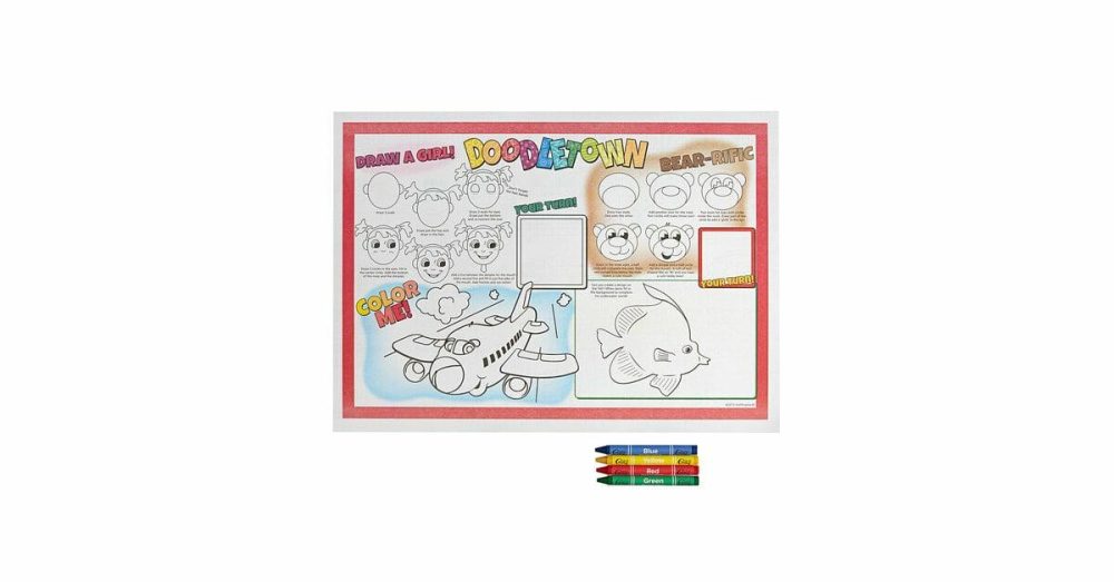 Disposable Placemats |  Hoffmaster Doodletown Fun Double-Sided Interactive Placemat With Choice 4 Pack Kids Restaurant Crayons – 1/Set