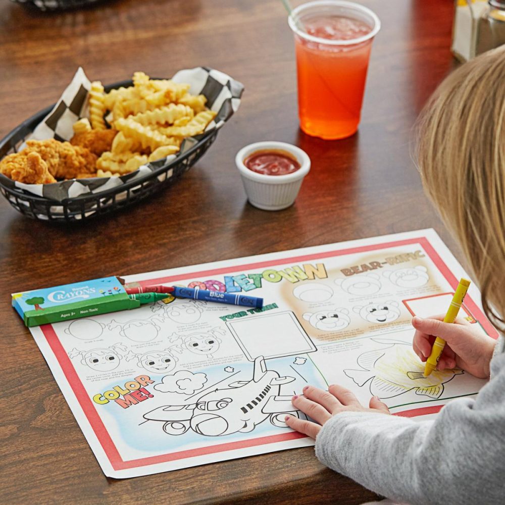 Disposable Placemats |  Hoffmaster Doodletown Fun Double-Sided Interactive Placemat With Choice 4 Pack Kids Restaurant Crayons – 1/Set