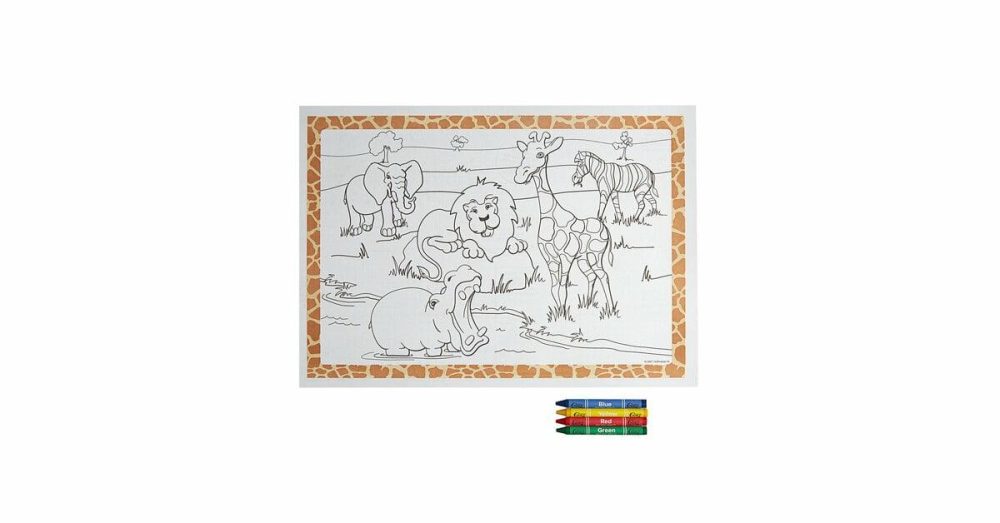 Disposable Placemats |  Hoffmaster Kids Jungle Fun Design Placemat With Choice 4 Pack Kids Restaurant Crayons – 1/Set