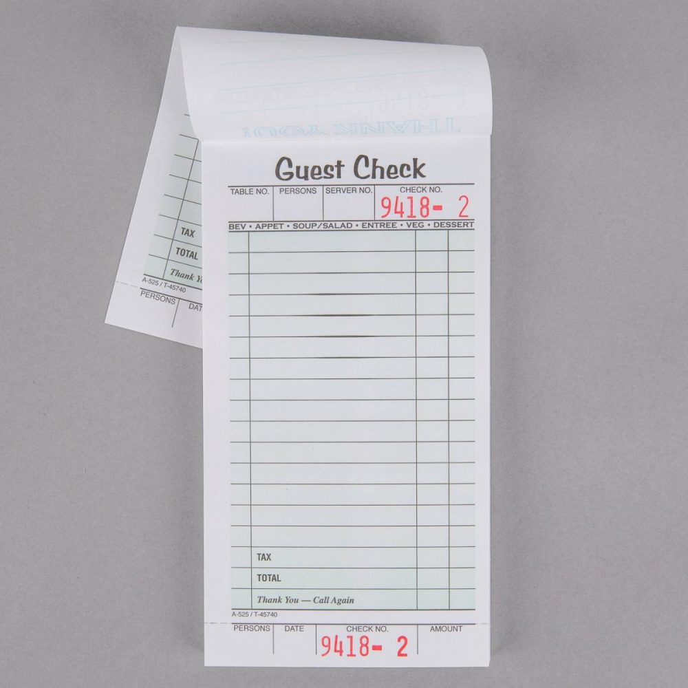 Guest Checks |  525Swmt 1-Part White / Green Guest Check Book With Receipt Stub – 5/Pack