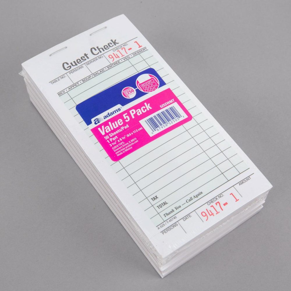 Guest Checks |  525Swmt 1-Part White / Green Guest Check Book With Receipt Stub – 5/Pack