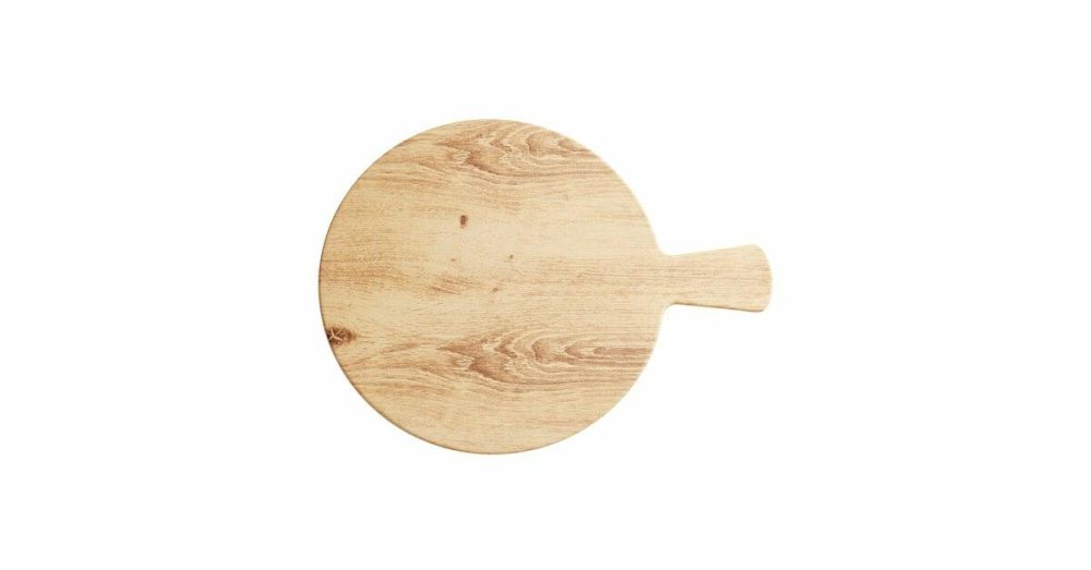 Melamine Trays |  12 1/2" Round Light Oak Faux Wood Melamine Serving Board With Handle