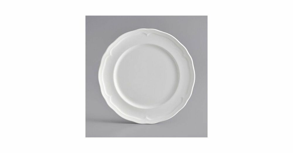 Porcelain Plates |  Condesa 10 1/2" Pearl White Scalloped Wide Rim Porcelain Plate – 12/Case