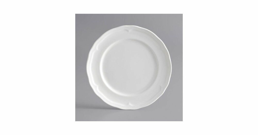 Porcelain Plates |  Condesa 8" Pearl White Scalloped Wide Rim Porcelain Plate – 24/Case