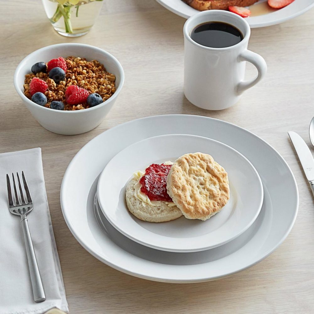 Porcelain Plates |  Liana 10 1/2" Bright White Embossed Lines Wide Rim Porcelain Plate – 12/Case