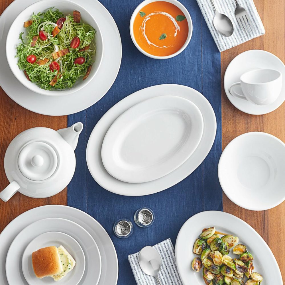 Porcelain Plates |  Liana 10 1/2" Bright White Embossed Lines Wide Rim Porcelain Plate – 12/Case