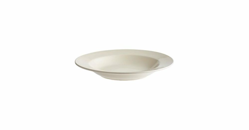 Stoneware Bowls |  26 Oz. Ivory (American White) Wide Rim Stoneware Pasta Bowl With Blue Bands – 12/Case