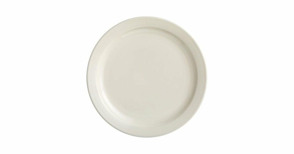 Stoneware Plates |  10 1/2" Ivory (American White) Wide Rim Rolled Edge Stoneware Plate – 12/Case