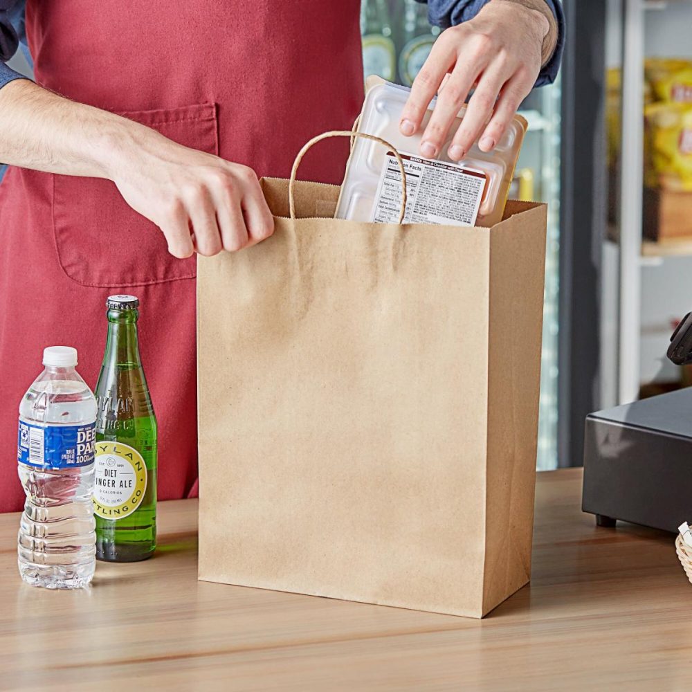 Take-Out Bags |  1" X 6 3/4" X 12" Natural Kraft Paper Customizable Shopping Bag With Handles – 25/Case