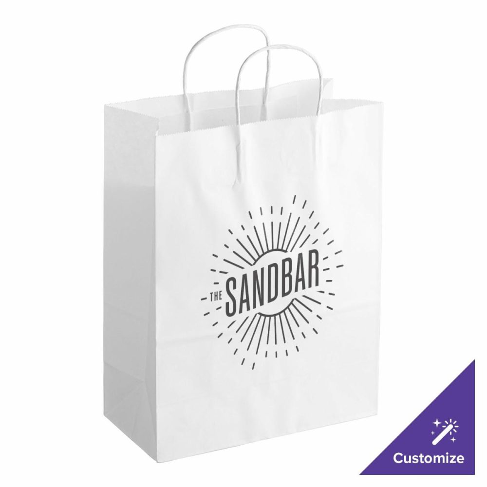 Take-Out Bags |  10" X 5" X 13" White Paper Customizable Shopping Bag With Handles – 250/Case