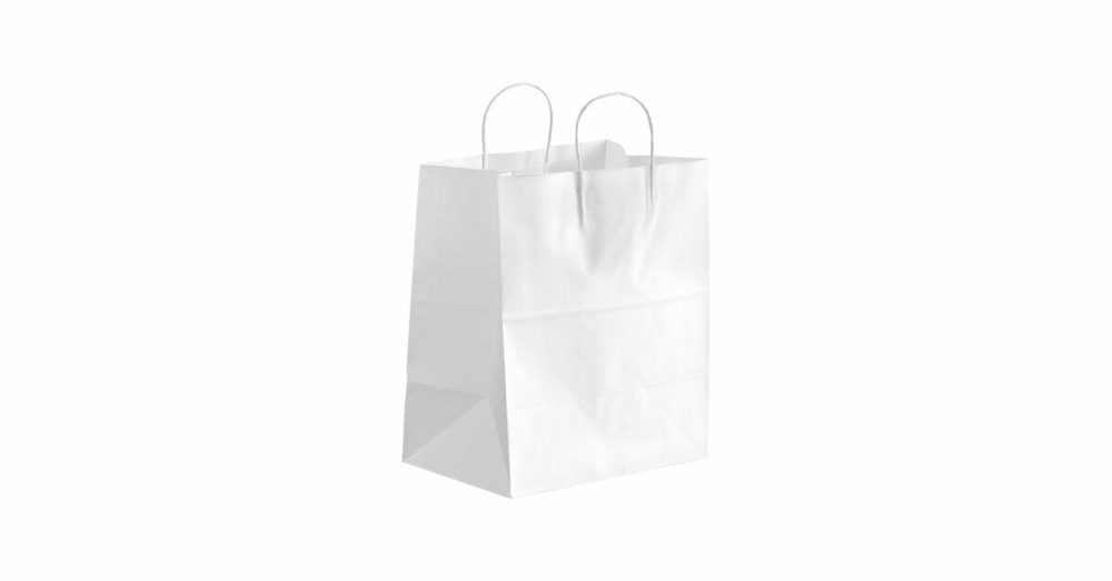 Take-Out Bags |  10" X 6 3/4" X 12" White Paper Customizable Shopping Bag With Handles – 250/Case