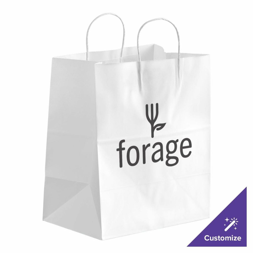 Take-Out Bags |  10" X 6 3/4" X 12" White Paper Customizable Shopping Bag With Handles – 250/Case