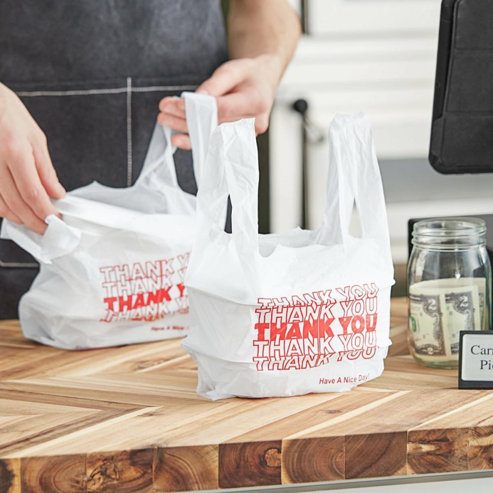 Take-Out Bags |  1/12 Xs Size White "Thank You" Standard-Duty Plastic T-Shirt Bag – 1000/Case