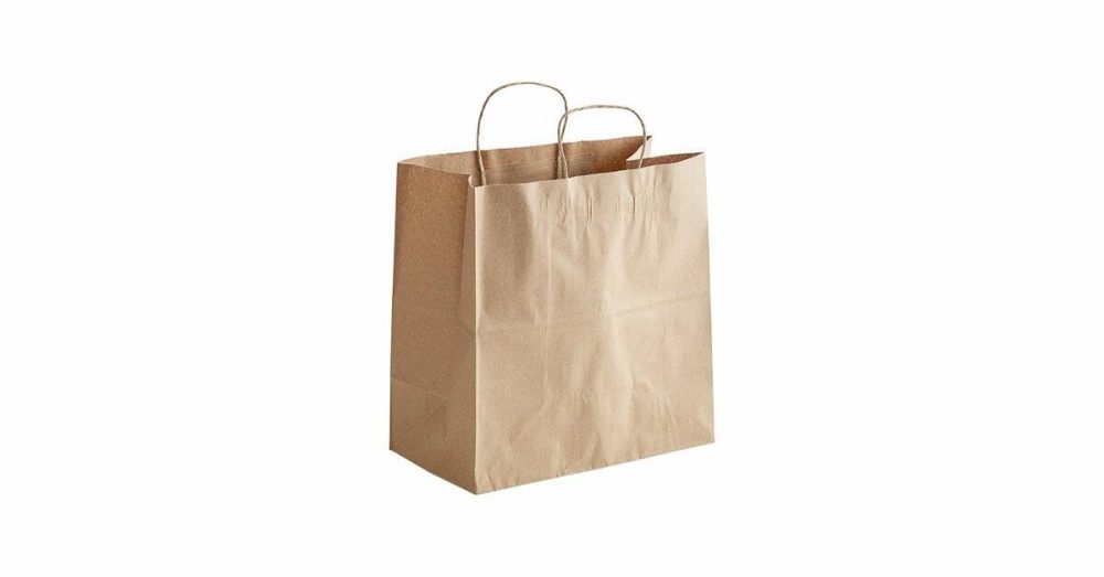 Take-Out Bags |  13" X 7" X 13" Natural Kraft Paper Customizable Shopping Bag With Handles – 250/Case