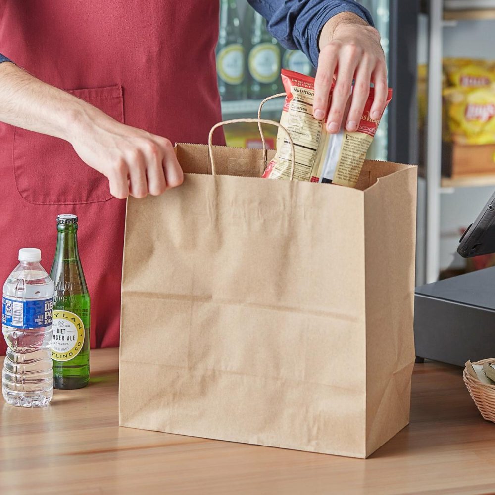 Take-Out Bags |  13" X 7" X 13" Natural Kraft Paper Customizable Shopping Bag With Handles – 250/Case