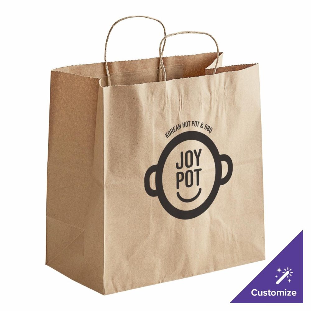 Take-Out Bags |  13" X 7" X 13" Natural Kraft Paper Customizable Shopping Bag With Handles – 250/Case