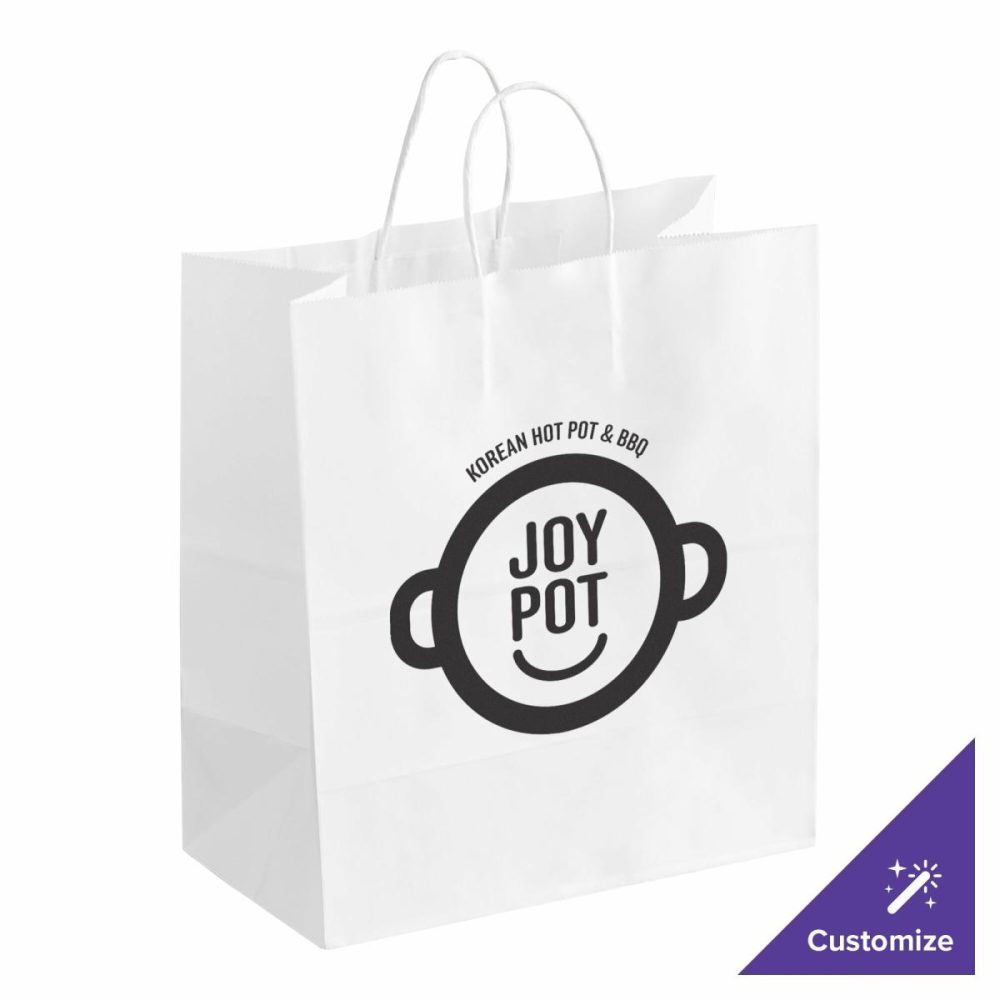 Take-Out Bags |  13" X 7" X 13" White Paper Customizable Shopping Bag With Handles – 250/Case