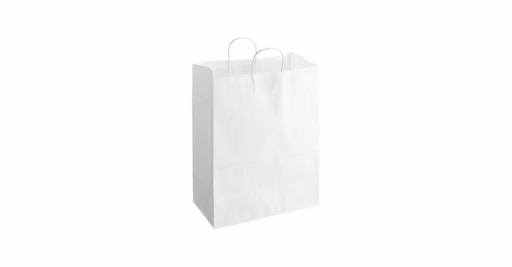 Take-Out Bags |  13" X 7" X 17" White Paper Customizable Shopping Bag With Handles – 250/Case