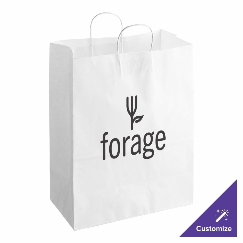 Take-Out Bags |  13" X 7" X 17" White Paper Customizable Shopping Bag With Handles – 250/Case