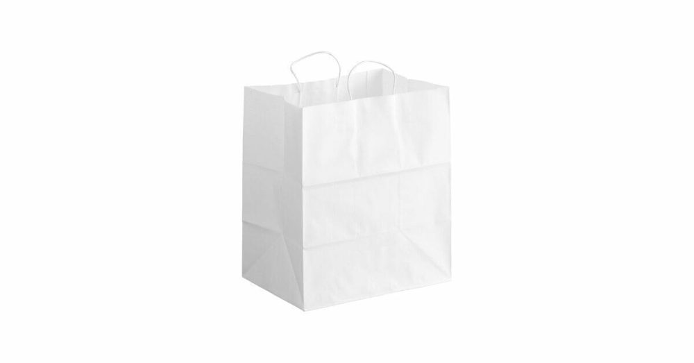 Take-Out Bags |  14" X 10" X 15 3/4" White Paper Customizable Shopping Bag With Handles – 200/Case