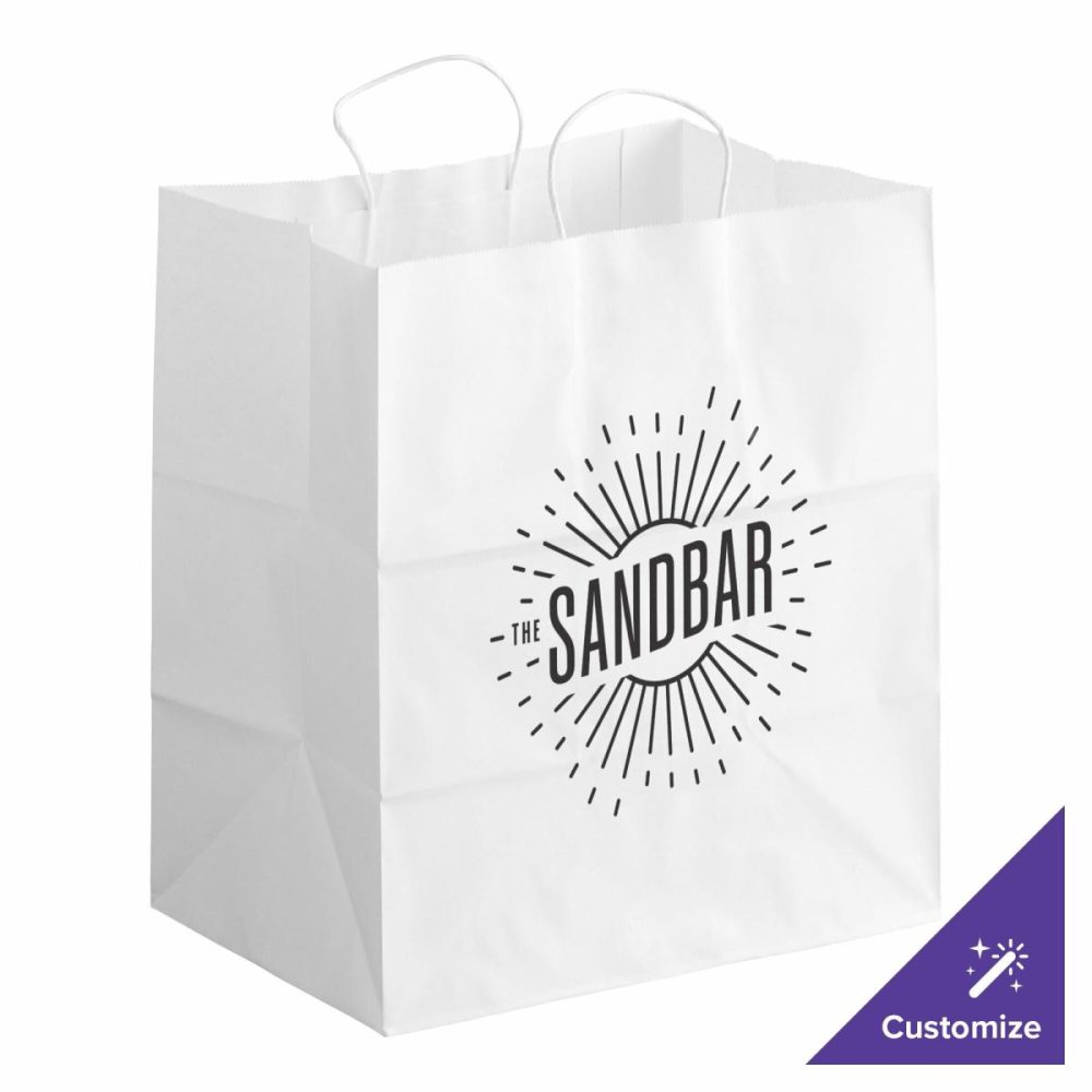 Take-Out Bags |  14" X 10" X 15 3/4" White Paper Customizable Shopping Bag With Handles – 200/Case