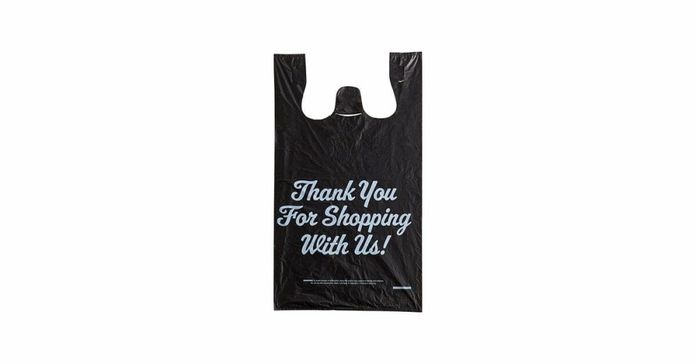 Take-Out Bags |  1/5 Large Size Black "Thank You" Script Heavy-Duty Plastic T-Shirt Bag – 400/Case