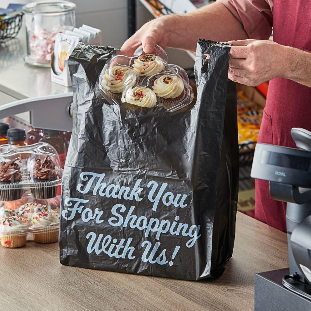 Take-Out Bags |  1/5 Large Size Black "Thank You" Script Heavy-Duty Plastic T-Shirt Bag – 400/Case