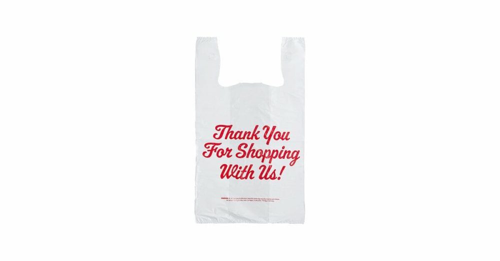 Take-Out Bags |  1/5 Large Size White "Thank You" Script Medium-Duty Plastic T-Shirt Bag – 500/Case