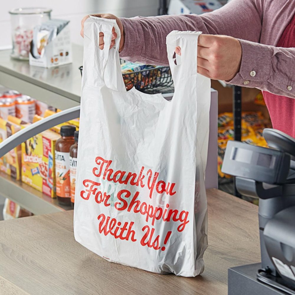 Take-Out Bags |  1/5 Large Size White "Thank You" Script Medium-Duty Plastic T-Shirt Bag – 500/Case