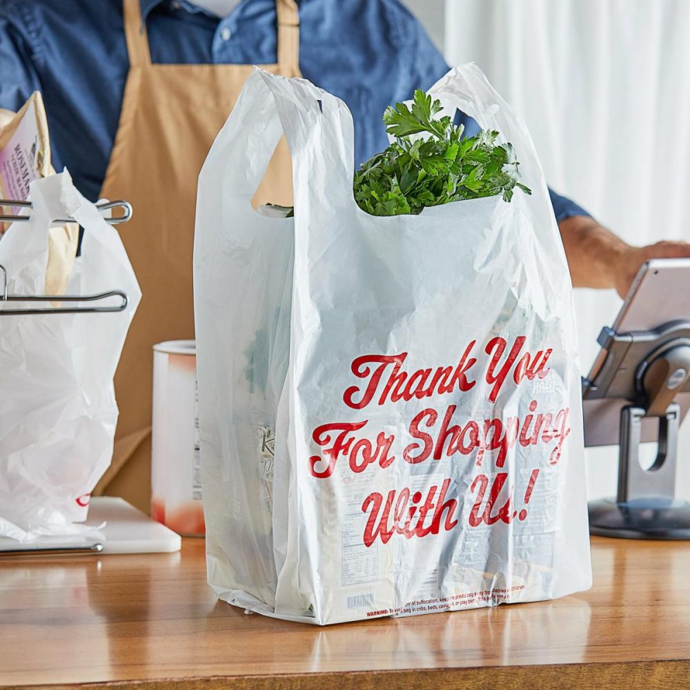 Take-Out Bags |  1/5 Large Size White "Thank You" Script Medium-Duty Plastic T-Shirt Bag – 500/Case