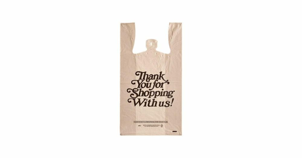 Take-Out Bags |  1/6 Standard Size Beige "Thank You" Script Heavy-Duty Plastic T-Shirt Bag – 600/Case