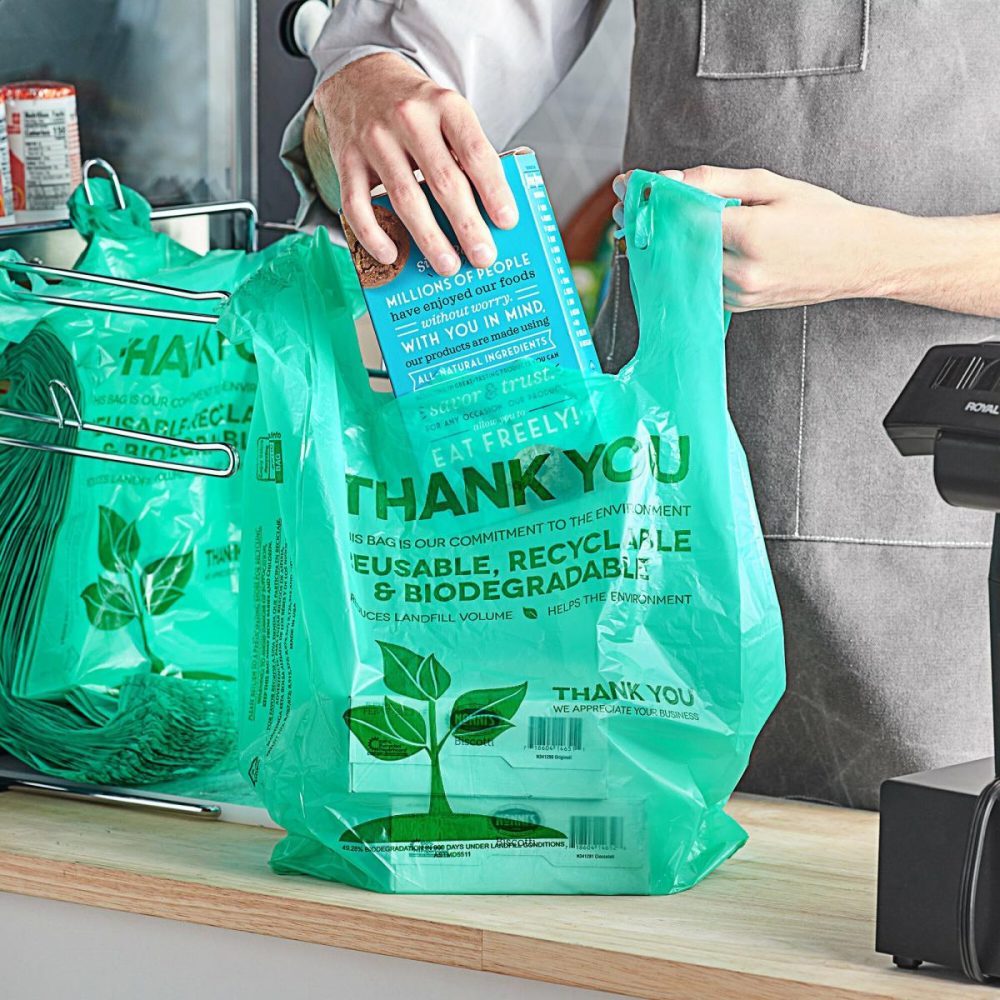 Take-Out Bags |  1/6 Standard Size Biodegradable Standard-Duty Plastic T-Shirt Bag – 500/Case