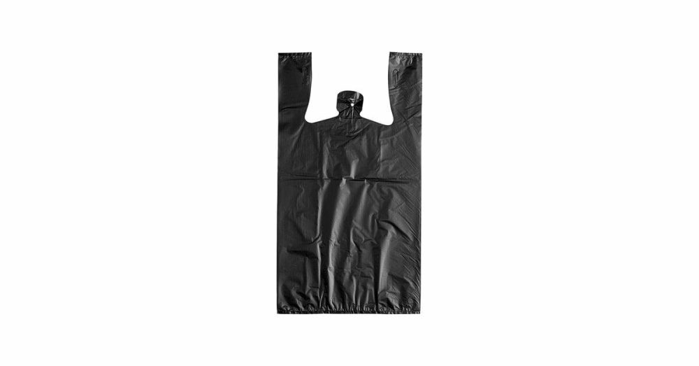 Take-Out Bags |  1/6 Standard Size Black Unprinted Embossed Extra Heavy-Duty Plastic T-Shirt Bag – 150/Case