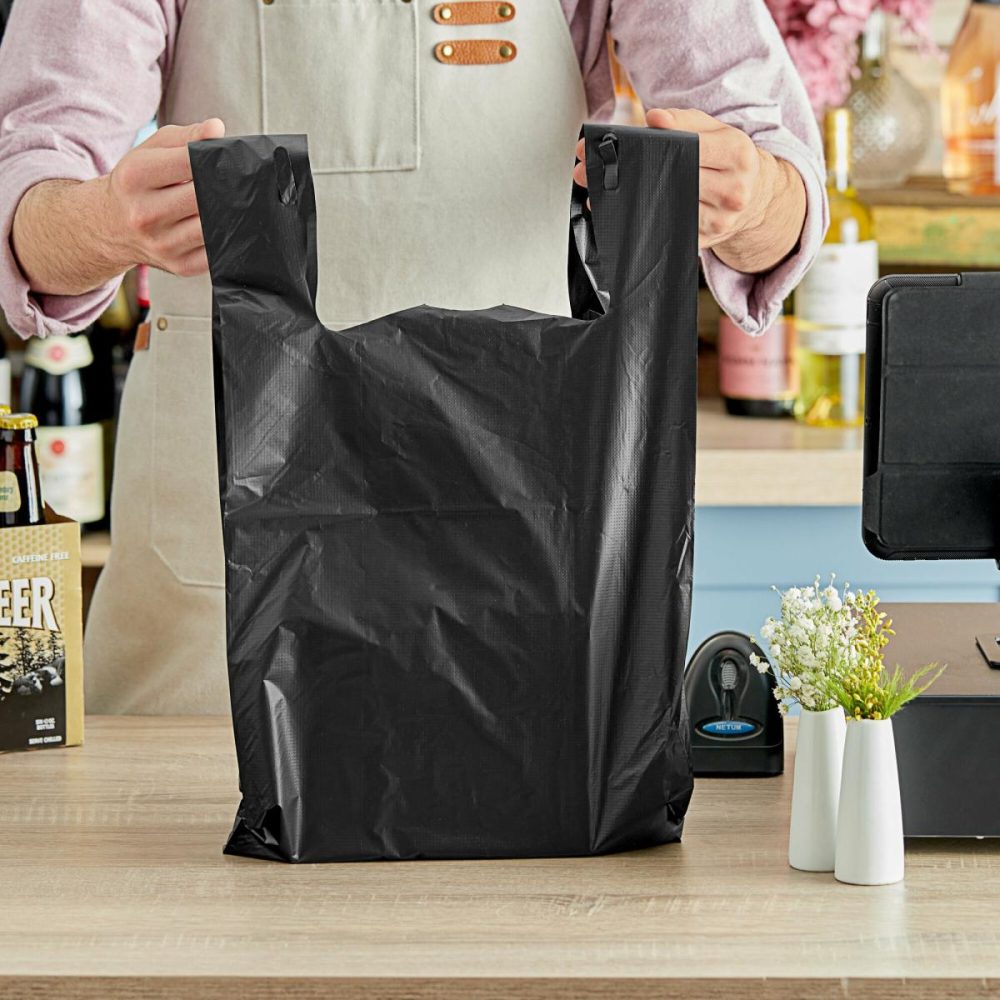 Take-Out Bags |  1/6 Standard Size Black Unprinted Embossed Extra Heavy-Duty Plastic T-Shirt Bag – 150/Case